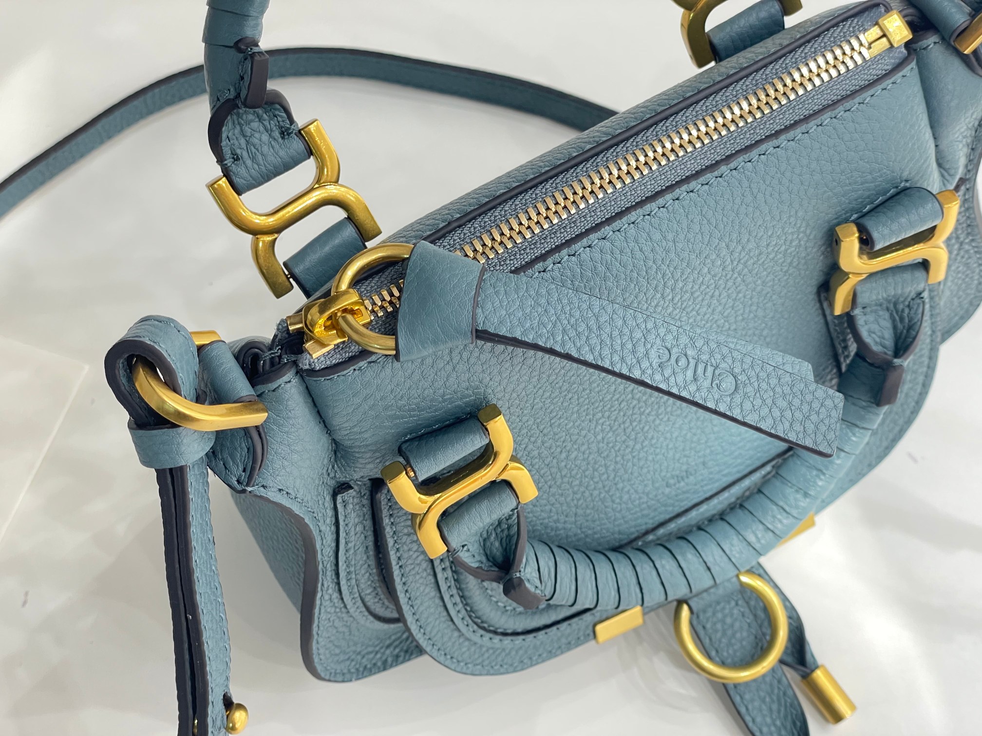 Chloe Mini Marcie Bag In Light Blue Grained Leather